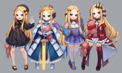 Rule 34 | 1girl, abigail williams (fate), armor, armored dress, artoria pendragon (all), artoria pendragon (fate), baobhan sith (fate), baobhan sith (fate) (cosplay), baobhan sith (first ascension) (fate), bare shoulders, black bow, black dress, black footwear, black headwear, blonde hair, bloomers, blue dress, blue eyes, blue ribbon, blush, boots, bow, breastplate, breasts, bug, butterfly, center frills, commentary, cosplay, crown, detached collar, detached sleeves, dress, english commentary, excalibur (fate/stay night), fate/grand order, fate/stay night, fate (series), faulds, forehead, frills, full body, gauntlets, grey background, hair bow, hair ribbon, hand up, hat, insect, long hair, long sleeves, looking at viewer, melusine (fate), melusine (fate) (cosplay), melusine (second ascension) (fate), miya (miyaruta), multiple hair bows, multiple views, orange bow, parted bangs, polka dot, polka dot bow, puffy long sleeves, puffy sleeves, red dress, red footwear, ribbed dress, ribbon, saber (fate), saber (fate) (cosplay), shadow, shoes, sleeves past fingers, sleeves past wrists, small breasts, smile, standing, stuffed animal, stuffed toy, sword, teddy bear, thigh boots, thighhighs, tiara, underwear, very long hair, w, weapon, white bloomers