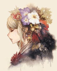 Rule 34 | 1girl, blonde hair, bow, branch, closed eyes, earrings, eyelashes, flower, food, frilled bow, frills, fruit, hair bow, hair bun, hair flower, hair fruit, hair ornament, hair ribbon, highres, japanese clothes, jewelry, kimono, kuroduki (pieat), leaf, original, parted lips, plant, profile, red bow, red ribbon, ribbon, single hair bun, solo, upper body