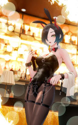 Rule 34 | 1girl, animal ears, azur lane, bad id, bad pixiv id, bar (place), bare shoulders, black collar, black hair, black leotard, black pantyhose, blush, bottle, bow, bowtie, breasts, cirilla lin, collar, detached collar, ear piercing, eyes visible through hair, fake animal ears, fang, hair over one eye, highres, holding, horns, indoors, lamp, leotard, looking at viewer, nail polish, one eye closed, open mouth, pantyhose, piercing, playboy bunny, rag, red bow, red bowtie, red nails, short hair, sidelocks, small breasts, solo, standing, ulrich von hutten (azur lane), yellow eyes