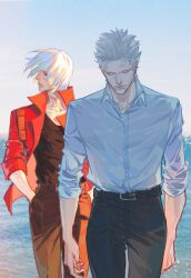 Rule 34 | 2boys, absurdres, beach, belt, belt buckle, black belt, black pants, black shirt, blue shirt, brothers, buckle, closed eyes, collared shirt, cowboy shot, dante (devil may cry), devil may cry (series), facing to the side, hand in pocket, head down, highres, jacket, male focus, multiple boys, ocean, outdoors, pants, red jacket, sebby1725, shirt, short hair, siblings, sleeves rolled up, vergil (devil may cry), white hair