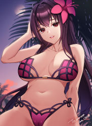 Rule 34 | 1girl, absurdres, arm support, bikini, breasts, cleavage, cloud, collarbone, commentary request, cowboy shot, fate/grand order, fate (series), flower, hair between eyes, hair flower, hair ornament, highres, large breasts, lips, long hair, looking at viewer, midriff, moon, navel, night, night sky, parted lips, red eyes, scathach (fate), scathach (fate/grand order), scathach (swimsuit assassin) (fate), sigma 2018, sitting, sky, sleeveless, solo, stomach, swimsuit, teeth