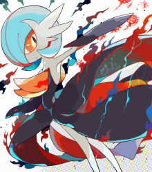Rule 34 | 1girl, akadako, alternate color, arm up, black dress, black gloves, blue hair, bob cut, closed mouth, colored skin, creatures (company), dress, dutch angle, elbow gloves, female focus, flat chest, game freak, gardevoir, gen 3 pokemon, gloves, hair over one eye, highres, looking to the side, mega gardevoir, mega pokemon, nintendo, one-hour drawing challenge, one eye covered, orange eyes, outstretched arm, pokemon, pokemon (creature), shiny pokemon, short hair, solo, standing, strapless, strapless dress, white background, white skin