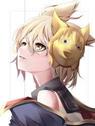 Rule 34 | 1girl, bare shoulders, blonde hair, eyebrows hidden by hair, from side, gold, gold trim, hair between eyes, highres, light smile, looking up, mask, mask on head, new mask of hope, off shoulder, parted lips, pointy hair, short hair, simple background, solo, touhou, toyosatomimi no miko, tsune (tune), white background, yellow eyes