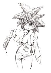 Rule 34 | 1girl, blood, bloody knife, blouse, breasts, collarbone, commentary request, english text, genderswap, genderswap (mtf), groin, heart, highres, holding, holding knife, knife, murata shinya, nipples, open clothes, open mouth, open shirt, pants, shirt, sideshow bob, simple background, sketch, solo, tattoo, the simpsons, white background