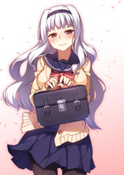 Rule 34 | 1girl, bag, briefcase, hairband, highres, idolmaster, idolmaster (classic), long hair, looking at viewer, pantyhose, petals, racer (magnet), red eyes, school bag, school briefcase, school uniform, shijou takane, smile, solo, white hair