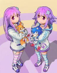 Rule 34 | 10s, 2girls, absurdres, choker, crossover, d-pad, female focus, hair ornament, highres, multiple girls, nepgear, neptune (neptunia), neptune (series), purple eyes, purple hair, sega, segamark, siblings, simple background, sisters, sonic (series), sonic the hedgehog, striped clothes, striped legwear, striped thighhighs, stuffed animal, stuffed toy, tails (sonic), thighhighs