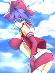 Rule 34 | &gt;:), 1girl, ahoge, bandeau, blue eyes, blue gemstone, blue hair, blue sky, bracelet, breasts, cloud, cowboy shot, day, elbow gloves, from side, gem, gloves, glowing, hair between eyes, hat, heart, hiroya juuren, jewelry, large breasts, matching hair/eyes, miniskirt, necklace, outdoors, pencil skirt, pendant, pirate, pirate hat, short hair with long locks, skindentation, skirt, sky, skylove, smile, solo, standing, thighhighs, v-shaped eyebrows, vest, white thighhighs, wind