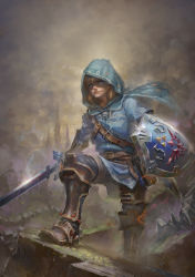 Rule 34 | 1boy, blonde hair, blue eyes, blue shirt, boots, brown footwear, cloak, cloud, cloudy sky, commentary, full body, gas1, gloves, highres, holding, holding shield, holding sword, holding weapon, hood, hood up, hooded cloak, hylian shield, link, master sword, nintendo, outdoors, parted lips, shield, shirt, sky, spire, sword, the legend of zelda, the legend of zelda: breath of the wild, tunic, weapon
