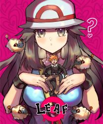 Rule 34 | 1boy, 1girl, ?, artist name, black jacket, blonde hair, blue oak, blue shirt, blush, breasts, brown eyes, brown hair, brown pants, catherine (game), catherine cover parody, character name, commentary, creatures (company), english commentary, game freak, gen 2 pokemon, hat, heart, highres, jacket, kash-phia, leaf (pokemon), long hair, looking at viewer, mareep, medium breasts, medium hair, mini person, nintendo, pants, pink background, pokemon, pokemon (creature), pokemon frlg, pokemon hgss, sheep, shirt, sleeveless, sleeveless shirt, spiked hair, upper body, white hat