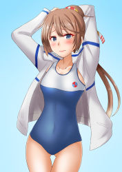 Rule 34 | 1girl, anti (untea9), blue background, blue eyes, blush, brown hair, closed mouth, gradient background, hair ornament, hand in own hair, highres, jacket, kantai collection, kazagumo (kancolle), long hair, long sleeves, one-piece swimsuit, open clothes, open jacket, ponytail, school swimsuit, solo, swimsuit, white jacket