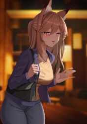 Rule 34 | 1girl, absurdres, alternate costume, animal ear fluff, animal ears, arknights, bag, blurry, blurry background, blush, breasts, brown hair, casual, cowboy shot, day, depth of field, fox ears, franka (arknights), grey pants, half updo, handbag, heart, heart-shaped pupils, highres, jacket, jewelry, lahz52, large breasts, leaning forward, long hair, long sleeves, looking at viewer, open clothes, open jacket, open mouth, pants, purple eyes, purple jacket, ring, shirt, shoulder bag, solo, sunlight, symbol-shaped pupils, tongue, tongue out, waving, yellow shirt