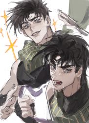 Rule 34 | 2boys, bare shoulders, battle tendency, black hair, brown hair, crying, dual persona, fingerless gloves, gloves, green eyes, green scarf, highres, holding, holding ribbon, jojo no kimyou na bouken, joseph joestar, joseph joestar (young), male focus, multiple boys, puppetjackmj, ribbon, salute, scarf, sparkle, striped clothes, striped scarf, tears, vertical-striped clothes, vertical-striped scarf, white background