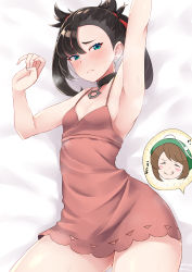 Rule 34 | 2girls, ^ ^, absurdres, aqua eyes, arm up, armpits, bare shoulders, black hair, blush, breasts, brown hair, choker, closed eyes, creatures (company), dress, embarrassed, game freak, gloria (pokemon), half-closed eyes, happy, highres, licking lips, looking at viewer, low twintails, marnie (pokemon), multiple girls, nintendo, pink dress, pokemon, pokemon swsh, short hair, sideboob, sleeveless, sleeveless dress, small breasts, smile, solo focus, thought bubble, tinpam, tongue, tongue out, twintails, yuri