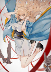 Rule 34 | 1girl, ahoge, animal, arms up, beak, bird, blonde hair, blue jacket, blurry, bouncing breasts, breasts, clogs, colored sclera, depth of field, eyebrows, geta, hair between eyes, hand in own hair, highres, jacket, japanese clothes, jumping, kimono, large breasts, long hair, looking at viewer, no legwear, okobo, orange eyes, orange sclera, original, outstretched wings, owl, pixiv fantasia, pixiv fantasia t, platform clogs, pointy ears, ryuuzaki ichi, sandals, sash, short sleeves, side slit, simple background, smile, soles, solo, underbust, very long hair, wavy hair, white background, wide sleeves