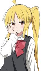 Rule 34 | 1girl, absurdres, ahoge, arm at side, as buppa, black sweater vest, blonde hair, blush, bocchi the rock!, bow, bowtie, braid, closed mouth, commentary, crown braid, detached ahoge, dot nose, dress shirt, frown, hand on own face, hand up, highres, ijichi nijika, long hair, long sleeves, looking at viewer, orange eyes, parted bangs, pink bow, pink bowtie, raised eyebrow, school uniform, shirt, side ponytail, sidelocks, solo, sweater vest, upper body, v-neck, very long hair, white background, white shirt