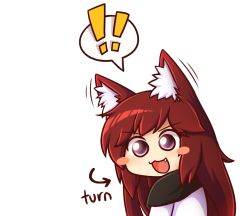 Rule 34 | !, !!, &gt;:d, 1girl, :d, animal ear fluff, animal ears, blush, blush stickers, brown hair, chibi, disembodied blush, dress, ear wiggle, english text, eyebrows, fang, imaizumi kagerou, long hair, looking at viewer, open mouth, red eyes, smile, solo, spoken exclamation mark, touhou, upper body, v-shaped eyebrows, white background, wolf ears, wool (miwol)