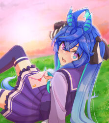 Rule 34 | 1girl, @ @, ahoge, animal ears, aqua hair, blue eyes, blue hair, blush, bow, commentary request, crossed bangs, grass, hair between eyes, hair bow, heterochromia, highres, holding, holding letter, horse ears, horse girl, horse tail, knee up, letter, long hair, long sleeves, looking at viewer, looking back, love letter, monmonmur, multicolored hair, nose blush, on grass, on ground, open mouth, orange sky, outdoors, pleated skirt, purple eyes, purple sailor collar, purple shirt, purple skirt, purple thighhighs, reclining, sailor collar, school uniform, sharp teeth, shirt, sidelocks, skirt, sky, solo, striped, striped bow, sunset, tail, teeth, thighhighs, tracen school uniform, twin turbo (umamusume), twintails, twitter username, two-tone hair, umamusume, upper teeth only