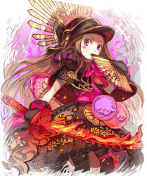 Rule 34 | 1girl, black capelet, black hat, black mittens, black pantyhose, blush stickers, bow, brown dress, brown hair, capelet, chacha (fate), closed mouth, commentary request, dress, fate/grand order, fate (series), flaming sword, flaming weapon, folding fan, forehead, fur-trimmed capelet, fur-trimmed dress, fur trim, haku (sabosoda), hand fan, hat, holding, holding fan, holding sword, holding weapon, long hair, looking at viewer, mittens, pantyhose, peaked cap, pink bow, purple eyes, smile, solo, sword, very long hair, weapon