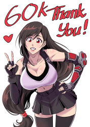 Rule 34 | 1girl, absurdres, bare shoulders, black hair, breasts, cleavage, collarbone, crop top, earrings, elbow gloves, elbow pads, final fantasy, final fantasy vii, final fantasy vii rebirth, final fantasy vii remake, fingerless gloves, gloves, hair behind ear, hand on own hip, hand up, highres, jewelry, kubo tite (style), large breasts, leaning forward, long hair, looking at viewer, low-tied long hair, midriff, monochrome, navel, open mouth, rakusakugk, red eyes, simple background, single arm guard, single earring, single elbow pad, single sidelock, skirt, smile, solo, suspender skirt, suspenders, swept bangs, tank top, thighhighs, tifa lockhart, v, very long hair, white background, zettai ryouiki