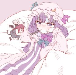 Rule 34 | 2girls, arm support, bed sheet, black footwear, black skirt, black wings, blue bow, blunt bangs, blush, bow, crescent, crescent pin, demon tail, demon wings, dress, fang, flat color, hair bow, hat, head wings, holding, koakuma, liquid-in-glass thermometer, long hair, long sleeves, lying, mini person, minigirl, mob cap, multiple girls, nose blush, open mouth, patchouli knowledge, pink background, pink hat, purple bow, purple dress, purple eyes, purple hair, red eyes, red hair, satomachi, shirt, shoes, sick, simple background, skirt, skirt set, star (symbol), striped clothes, striped dress, sweatdrop, tail, thermometer, touhou, towel, towel on head, vertical-striped clothes, vertical-striped dress, white shirt, wings