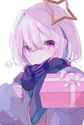 Rule 34 | 1girl, amane kanata, artist name, blue hair, blush, bob cut, box, box of chocolates, chocolate, closed mouth, coat, commentary, curled fingers, embarrassed, enpera, food, gift wrapping, grey coat, hair between eyes, halo, highres, holding, holding box, holding chocolate, holding food, hololive, incoming gift, light frown, looking at viewer, multicolored hair, notice lines, pink eyes, pink shirt, plaid, plaid scarf, purple scarf, replicayunikorn, scarf, shirt, short hair, signature, simple background, single hair intake, solo, speech bubble, star halo, streaked hair, translated, tsundere, two-tone hair, upper body, v-shaped eyebrows, valentine, virtual youtuber, white background, white hair, winter clothes