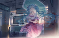 Rule 34 | 1girl, bench, blue eyes, blue hair, bottle, breasts, can, character name, closed mouth, collarbone, commentary request, flower, green umbrella, hair flower, hair ornament, hatsune miku, holding, holding umbrella, indoors, long hair, looking at viewer, pink skirt, puffy short sleeves, puffy sleeves, railing, shirt, short sleeves, skirt, small breasts, solo, spencer sais, transparent, transparent umbrella, twintails, umbrella, vending machine, very long hair, vocaloid, white flower, white shirt