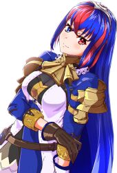 Rule 34 | 1girl, absurdres, alear (female) (fire emblem), alear (fire emblem), blue eyes, blue hair, braid, breasts, cleavage, crossed bangs, crown braid, fire emblem, fire emblem engage, gloves, hand on own elbow, highres, long hair, looking at viewer, medium breasts, multicolored hair, neckerchief, nintendo, red eyes, red hair, smile, solo, split-color hair, tiara, to (tototo tk), upper body, very long hair, white background