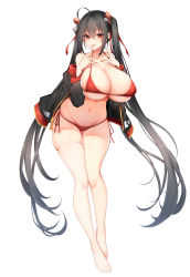 Rule 34 | 1girl, absurdres, ahoge, azur lane, bare shoulders, bikini, black hair, blush, breasts, chixiao, cleavage, collarbone, commentary request, crossed bangs, finger to mouth, full body, hair between eyes, hair ribbon, hands up, highres, huge breasts, leaning forward, long hair, looking at viewer, navel, off shoulder, red bikini, red eyes, ribbon, side-tie bikini bottom, simple background, single thighhigh, smile, solo, striped ribbon, swimsuit, taihou (azur lane), thighhighs, thighs, tongue, tongue out, twintails, very long hair, white background, white thighhighs