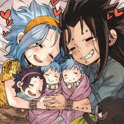 Rule 34 | baby, black hair, blue hair, bow, cat, child, fairy tail, family, gajeel redfox, hairband, heart, hug, if they mated, levy mcgarden, lowres, pantherlily, piercing, rusky, sharp teeth, siblings, smile, spiked hair, tagme, tears, teeth, twins
