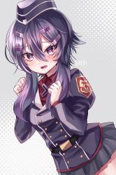 Rule 34 | 1girl, 8931ponzu, belt, blouse, blue archive, blush, collared shirt, commentary request, garrison cap, grey background, hair between eyes, hair ornament, hairclip, haruka (blue archive), hat, military, military hat, military uniform, open mouth, purple eyes, purple hair, red shirt, shirt, short hair with long locks, simple background, smile, solo, uniform