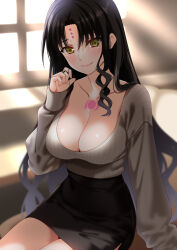 Rule 34 | 1girl, black hair, black skirt, breasts, chest tattoo, cleavage, collarbone, engo (aquawatery), facial mark, fate/grand order, fate (series), forehead mark, grey shirt, highres, large breasts, long hair, long sleeves, looking at viewer, parted bangs, pencil skirt, sessyoin kiara, shirt, skirt, smile, solo, tattoo, thighs, very long hair, wavy hair, yellow eyes