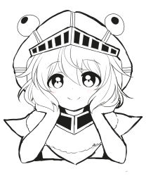 Rule 34 | 1other, androgynous, brilliant pagoda or haze castle, closed mouth, commentary request, dot nose, greyscale, hands on own cheeks, hands on own face, helmet, high contrast, highres, len&#039;en, medium hair, monochrome, moritake medias, ougi hina, simple background, smile, solo, spot color, white background