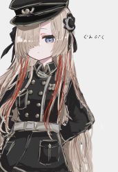 Rule 34 | 1girl, arms behind back, blonde hair, blue eyes, buttons, closed mouth, hair ornament, hair over one eye, hat, highres, isekai joucho, kamitsubaki studio, military, military hat, military uniform, multicolored hair, one-hour drawing challenge, streaked hair, uniform, virtual youtuber, white background