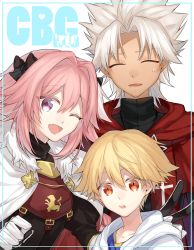 Rule 34 | 3boys, amakusa shirou (fate), astolfo (fate), blonde hair, braid, cape, child gilgamesh (fate), closed eyes, dark-skinned male, dark skin, fate/apocrypha, fate/grand order, fate/hollow ataraxia, fate (series), gilgamesh (fate), kan&#039;yu (citron 82), long hair, looking at viewer, male focus, multiple boys, one eye closed, open mouth, purple eyes, red eyes, smile, trap, white hair