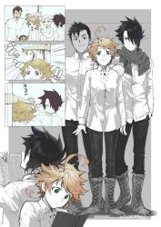 Rule 34 | 1girl, 4boys, :&gt;, ahoge, back-to-back, book, boots, breasts, brown eyes, brown hair, cheating (competitive), child, dark-skinned male, dark skin, don (yakusoku no neverland), dress shirt, emma (yakusoku no neverland), green eyes, hair over one eye, height difference, indesign, jitome, measuring, multiple boys, neck ribbon, neck tattoo, norman (yakusoku no neverland), number tattoo, pants, pants tucked in, partially colored, phil (yakusoku no neverland), ray (yakusoku no neverland), reading, ribbon, scarf, shirt, smile, stadiometer, standing, tattoo, yakusoku no neverland