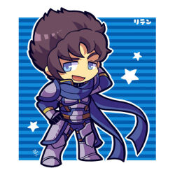 Rule 34 | 1boy, arm behind head, armor, belt, blue eyes, blue scarf, brown hair, character name, chibi, chibi only, full body, hand on own hip, kotorai, li dian, male focus, no nose, open mouth, scarf, shin sangoku musou, short hair, solo, standing, star (symbol), translated