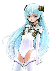 Rule 34 | 1girl, alternate hair color, ar tonelico, ar tonelico i, bad id, bad pixiv id, blue eyes, blue hair, braid, cowboy shot, elbow gloves, flat chest, gloves, hair ornament, headgear, hituzirobo, leotard, light smile, long hair, looking at viewer, matching hair/eyes, shurelia (ar tonelico), simple background, smile, solo, thighhighs, twin braids, very long hair, white background, white gloves, white hair, white thighhighs