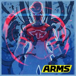 Rule 34 | 1boy, android, arms (game), blue border, border, commentary request, cowboy shot, debris, glowing, glowing eyes, highres, logo, male focus, nintendo, no humans, official art, springtron, yamamoto yuu