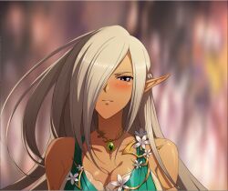 Rule 34 | 1girl, alustriel (langrisser), blush, confession, dark elf, dark skin, dress, elf, langrisser, langrisser mobile, looking at viewer, official art, pointy ears, purple eyes, white hair