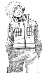 Rule 34 | 1boy, :p, flak jacket, forehead protector, hands in pockets, headband, jacket, looking at viewer, male focus, monochrome, namikaze minato, naruto, naruto (series), solo, terragin, tongue, tongue out