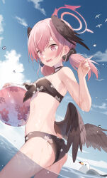 Rule 34 | 1girl, ass, ball, beachball, bikini, bird, black bikini, black bow, black wings, blue archive, blush, bow, breasts, commentary, feathered wings, floral print, front-tie bikini top, front-tie top, hair between eyes, hair bow, halo, hand up, head wings, highres, holding, koharu (blue archive), koharu (swimsuit) (blue archive), kurasawa moko, long hair, looking at viewer, low twintails, low wings, ocean, official alternate costume, outdoors, parted lips, pink eyes, pink hair, pink halo, print bikini, small breasts, solo, spaghetti strap, swimsuit, twintails, wading, water drop, wavy mouth, wings