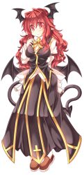 Rule 34 | 1girl, bat wings, blush, demon tail, flying sweatdrops, full body, head wings, koakuma, long hair, long sleeves, looking at viewer, mumumu, pointy ears, puffy sleeves, red eyes, red hair, ribbon, shirt, shoes, simple background, skirt, skirt set, smile, solo, tail, touhou, vest, white background, wings
