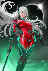 Rule 34 | 1girl, absurdres, beatricealfbern, bodysuit, breasts, cyborg, highres, holding, holding sword, holding weapon, large breasts, long hair, looking at viewer, mechanical arms, mechanical hands, mechanical legs, moon, power symbol-shaped pupils, red bodysuit, slit pupils, sword, symbol-shaped pupils, virtual youtuber, vshojo, weapon, white hair, yellow eyes, zentreya, zentreya (cyborg), zentreya (cyborg) (1st costume)