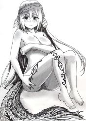Rule 34 | 1girl, absurdres, ainu clothes, animal ears, aquaplus, ass, bare arms, bare legs, bare shoulders, barefoot, blush, breasts, collarbone, covering privates, covering breasts, full body, grabbing, grabbing own thigh, greyscale, hair between eyes, headband, highres, hirahiratwo, knees up, large breasts, leg tattoo, long hair, midriff, monochrome, nose blush, panties, panties only, pantyshot, sidelocks, sitting, skindentation, solo, suzuri (utawarerumono: lost flag), tail, tattoo, thigh grab, thighs, toes, underwear, underwear only, utawarerumono, utawarerumono: lost flag, very long hair, wavy hair