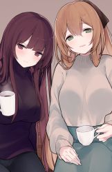 Rule 34 | 2girls, bad id, bad pixiv id, blush, breasts, brown hair, casual, closed mouth, cup, girls&#039; frontline, green eyes, hair between eyes, hair rings, holding, holding cup, large breasts, long hair, looking at viewer, mimelond, multiple girls, open mouth, ponytail, purple hair, red eyes, sidelocks, sitting, skirt, smile, springfield (girls&#039; frontline), steam, sweater, very long hair, wa2000 (girls&#039; frontline)