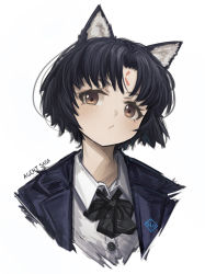 Rule 34 | 1girl, alternate costume, alternate hairstyle, animal ear fluff, animal ears, arknights, black bow, black hair, black jacket, blush, bow, brown eyes, buttons, character name, closed mouth, collared shirt, dog ears, facial mark, forehead mark, franlol, grey shirt, highres, jacket, looking at viewer, open clothes, open jacket, parted bangs, portrait, saga (arknights), shirt, short hair, simple background, solo, white background