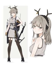 Rule 34 | 1girl, absurdres, antlers, arknights, black thighhighs, bow (weapon), breasts, crossbow, crossbow bolt, deer antlers, deer girl, finger to own chin, firewatch (arknights), from side, full body, garter straps, grey eyes, grey hair, hair between eyes, highres, holding, holding weapon, horns, jewelry, long hair, looking at viewer, mango (mgo), multiple views, necklace, ponytail, see-through, see-through sleeves, serious, shoes, sidelocks, simple background, small breasts, sneakers, tank top, thighhighs, upper body, v-shaped eyebrows, weapon, white background