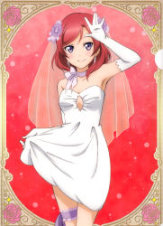 Rule 34 | 10s, 1girl, absurdres, artist request, blush, bridal veil, clothes lift, dress, dress lift, earrings, elbow gloves, flower, gloves, hair flower, hair ornament, highres, jewelry, bridal garter, looking at viewer, love live!, love live! school idol project, neck ribbon, nishikino maki, official art, open \m/, purple eyes, red hair, ribbon, short hair, smile, solo, strapless, third-party edit, veil, wedding dress, white dress, white gloves