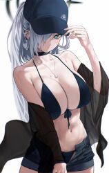 Rule 34 | 1girl, bare shoulders, baseball cap, bikini, blue archive, blue eyes, breasts, choker, cleavage, denim, denim shorts, front-tie bikini top, front-tie top, grey hair, hair ornament, hair over one eye, halo, hat, highres, jewelry, kazane-wind, large breasts, long hair, long sleeves, looking at viewer, navel, necklace, open fly, shiroko (blue archive), shiroko terror (blue archive), shorts, solo, swimsuit, wet, white background