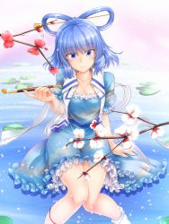 Rule 34 | 1girl, bad id, bad pixiv id, blue dress, blue eyes, blue hair, breasts, cleavage, collarbone, cowboy shot, dress, eyes visible through hair, feet out of frame, floral print, flower, frilled dress, frills, gradient background, hair between eyes, hair ornament, hair over eyes, hair rings, hair stick, hand up, head tilt, highres, jacket, kaku seiga, kiseru, knees together feet apart, leg ribbon, legs together, light particles, lily pad, looking at viewer, marukyuu ameya, medium breasts, open clothes, open jacket, petals, petticoat, plum blossoms, puffy short sleeves, puffy sleeves, ribbon, short hair, short sleeves, sitting, smile, smoking pipe, solo, touhou, twig, water
